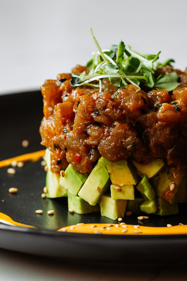 Ahi tuna tartare main course prepared for a special event by Green Mangos Catering